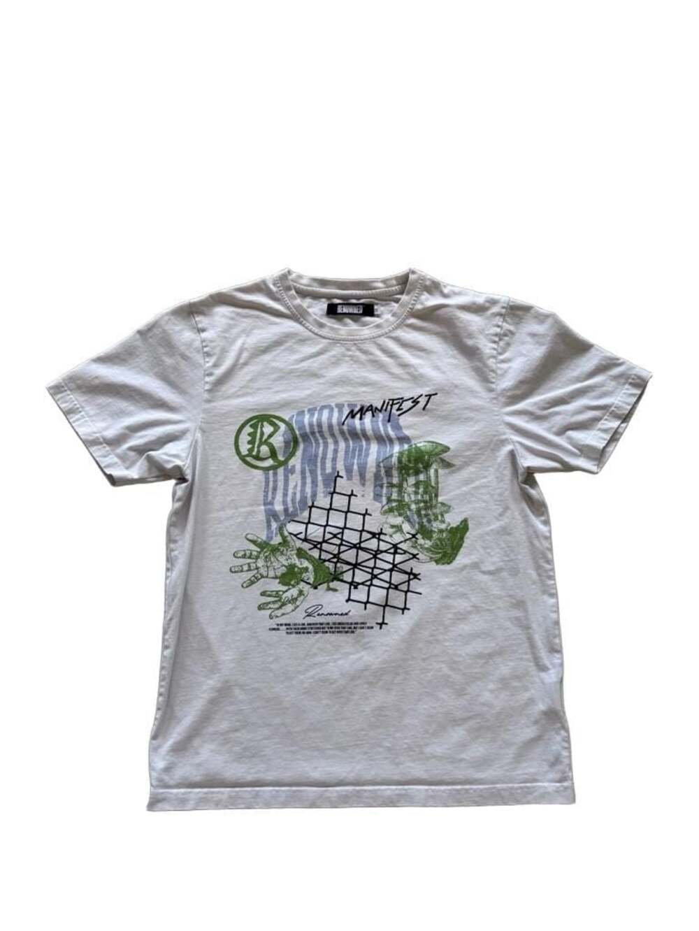 Renowned Manifest White T-Shirt with Graphic Mushrooms and Hands Print